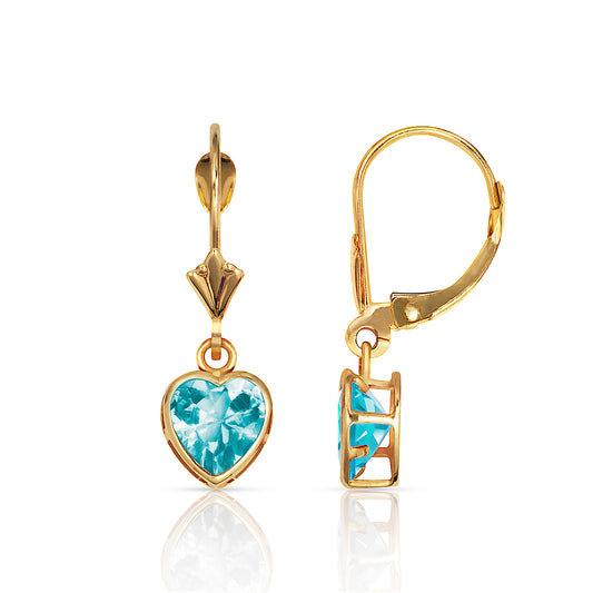 14k Gold Heart Birthstone Lever Back Earrings