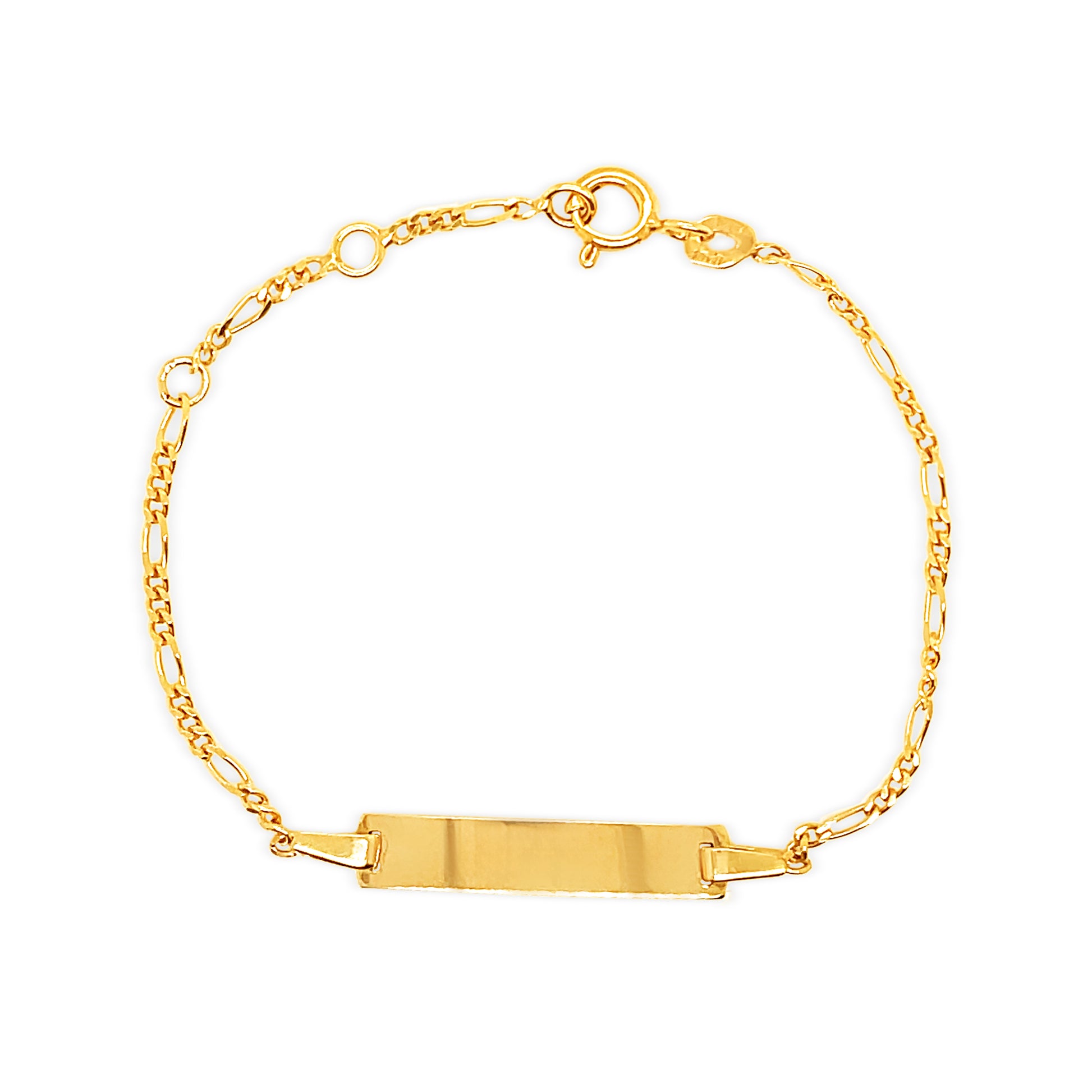 14K gold Figaro ID bracelet for babies and kids with personalized engraved name bar