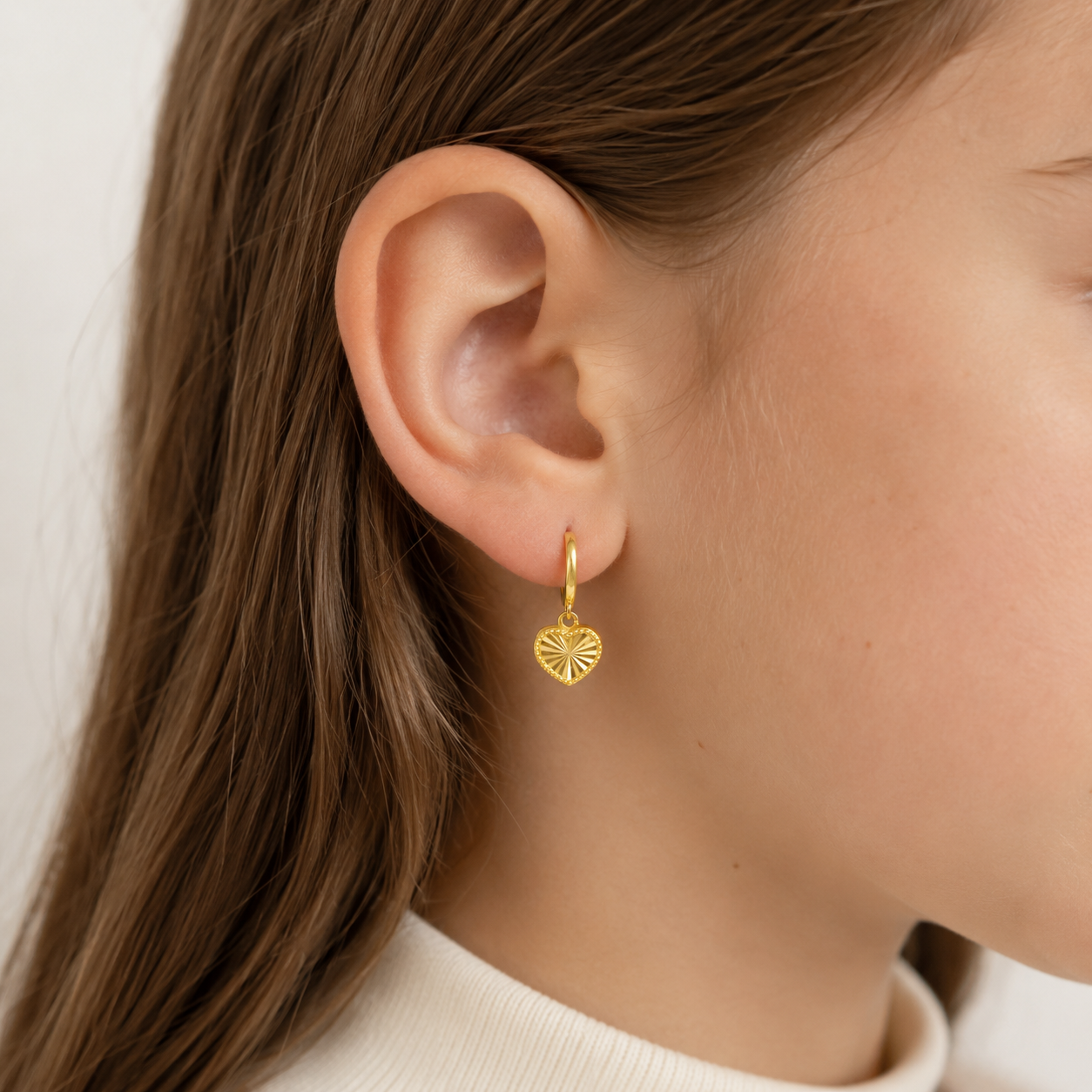 14K Gold Sunburst Heart Huggie Earrings for Girls and Teens