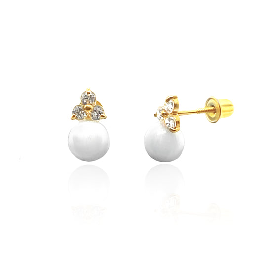 14k Gold Pearl & Triangle Screw Back Earrings for Girls