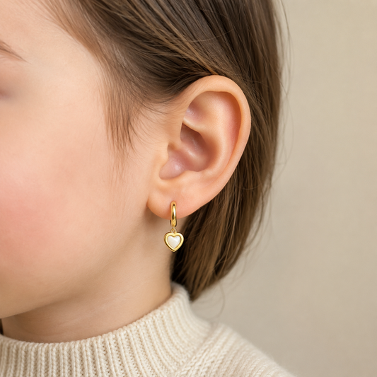 14K Gold Mother of Pearl Heart Dangle Earrings for Girls & Teens