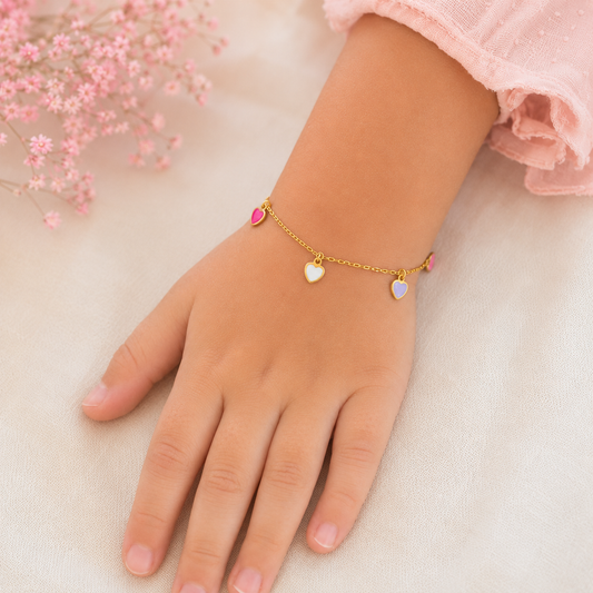 14k Yellow Gold Enamel Heart Charm Bracelet for Girls