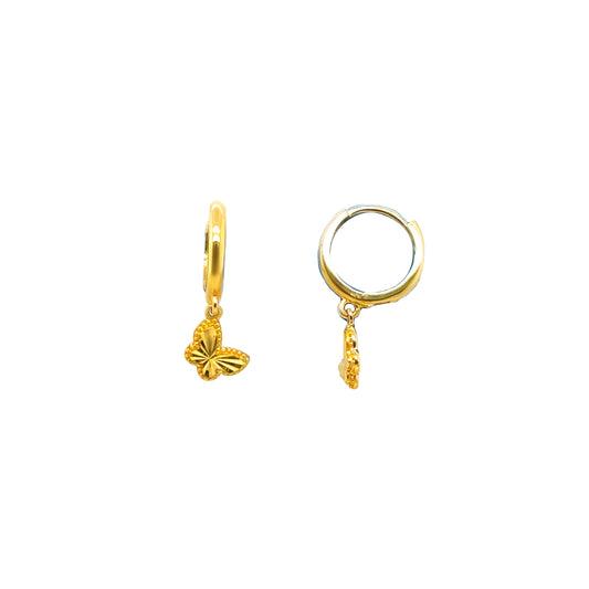 14K solid yellow gold butterfly dangle huggie earrings for girls and teens