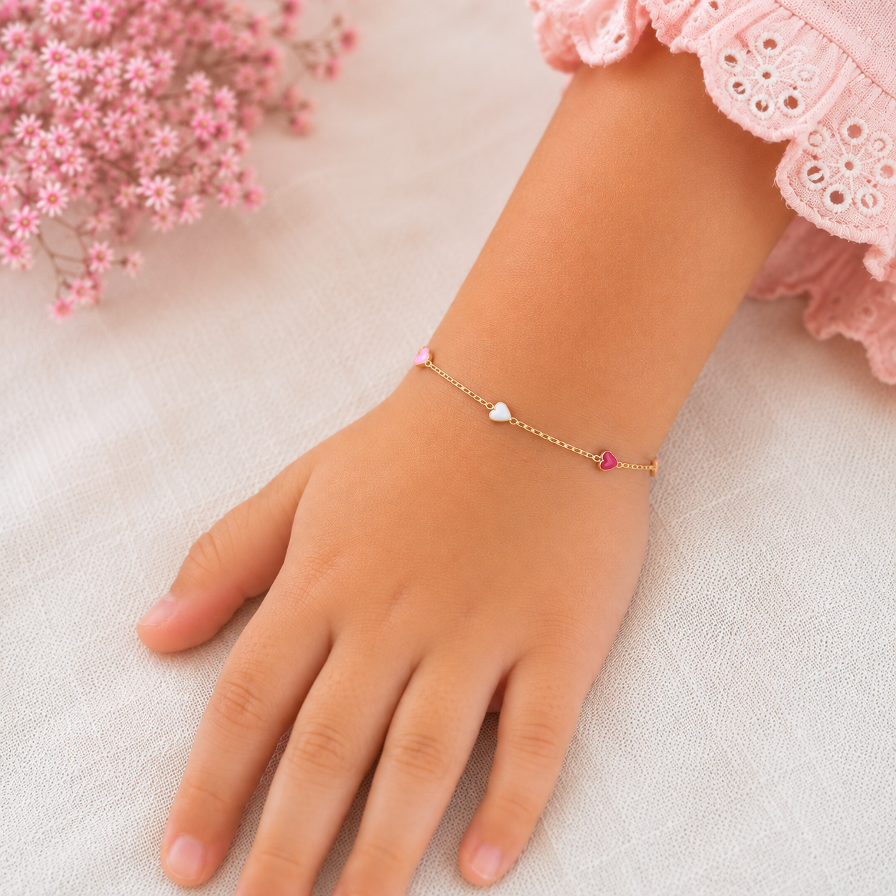 14k Yellow Gold Enamel Heart Bracelet for Girls – Pink & White