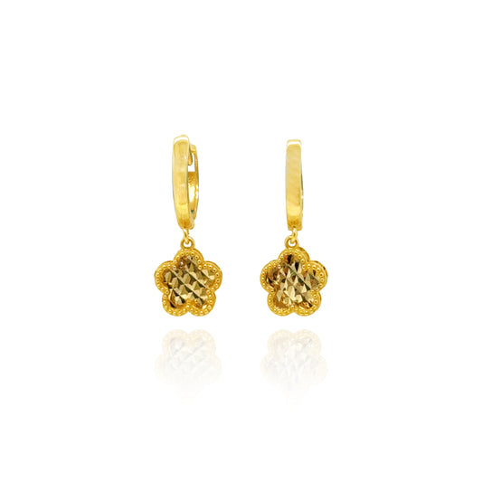 14K gold huggie earrings with diamond cut flower drop charms.