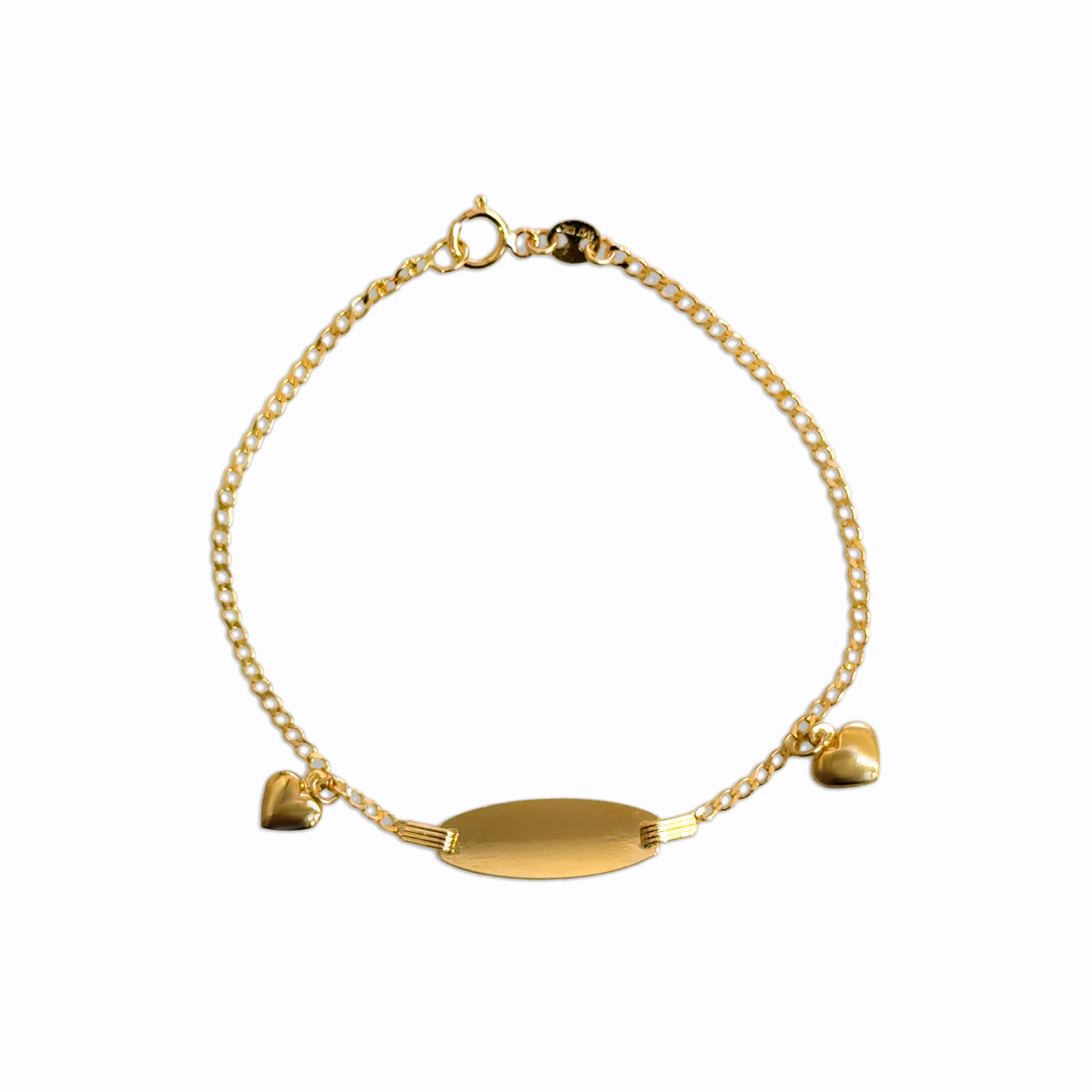 Engravable 14K gold baby name bracelet with heart charms