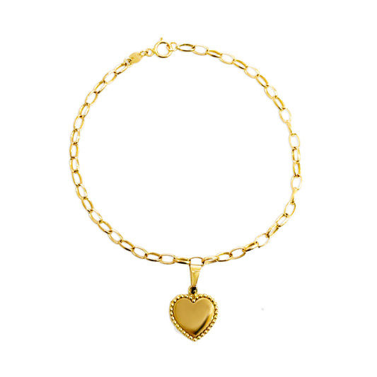 Gold chain bracelet with a heart-shaped pendant on a white background
