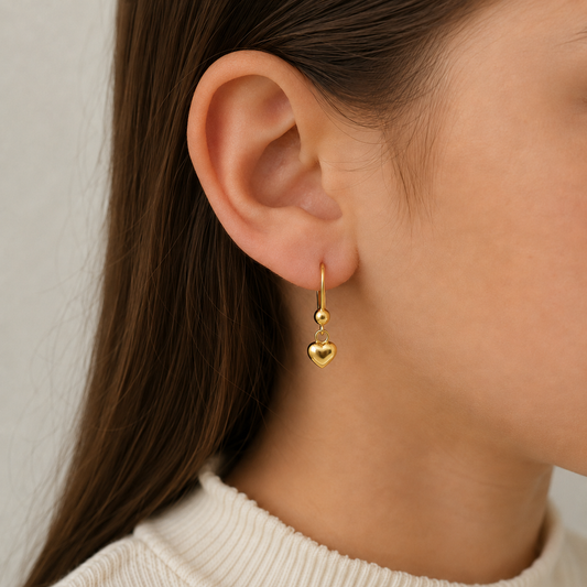 14K Solid Yellow Gold Puffy Heart Dangle Earrings for Girls & Teens – Leverback Earrings