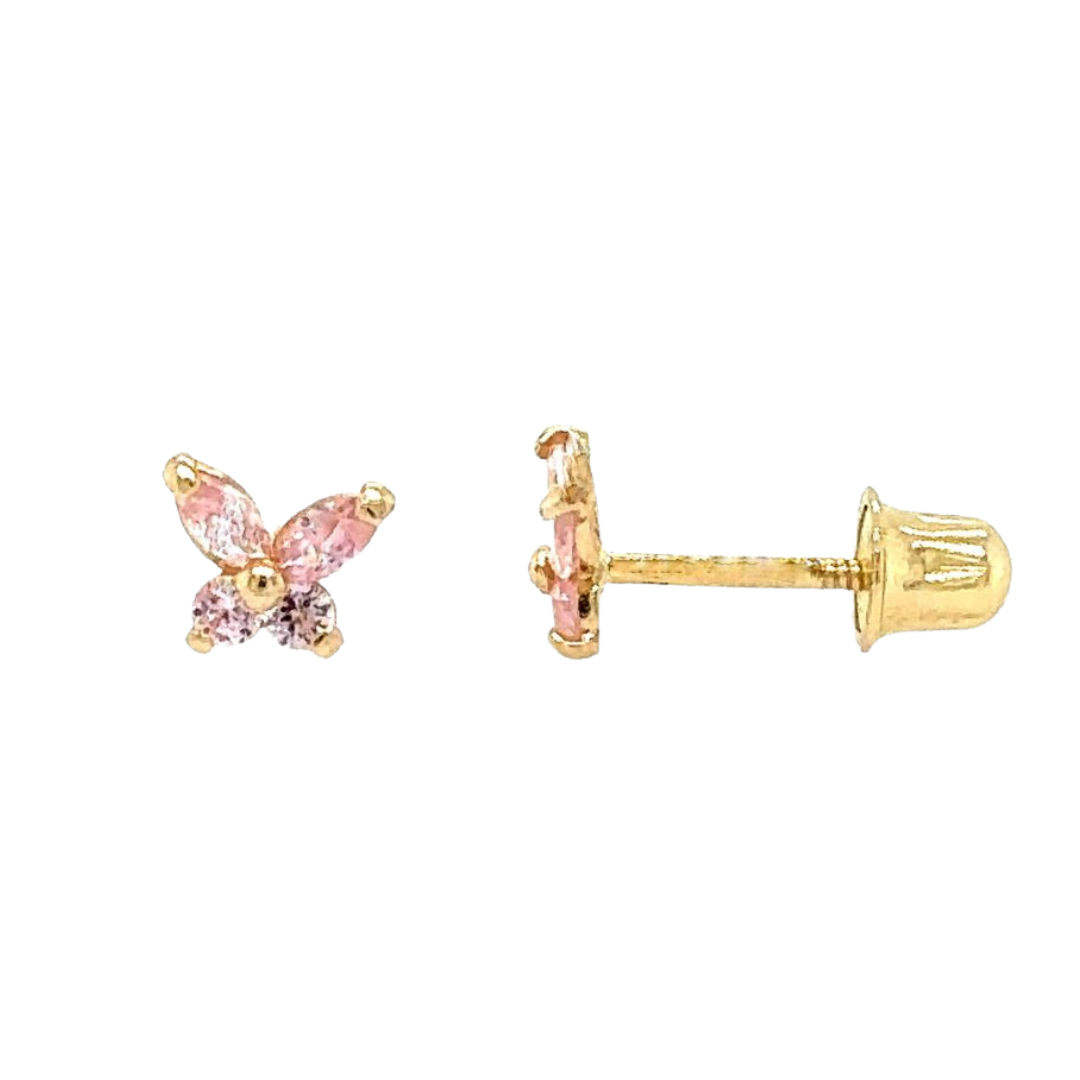 Gold butterfly earrings with pink gemstones on a white background