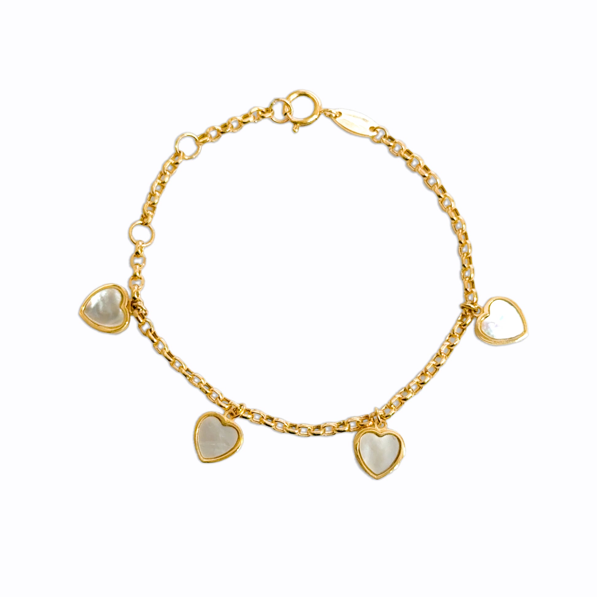 14k gold mother of pearl heart charm bracelet for babies and kids 