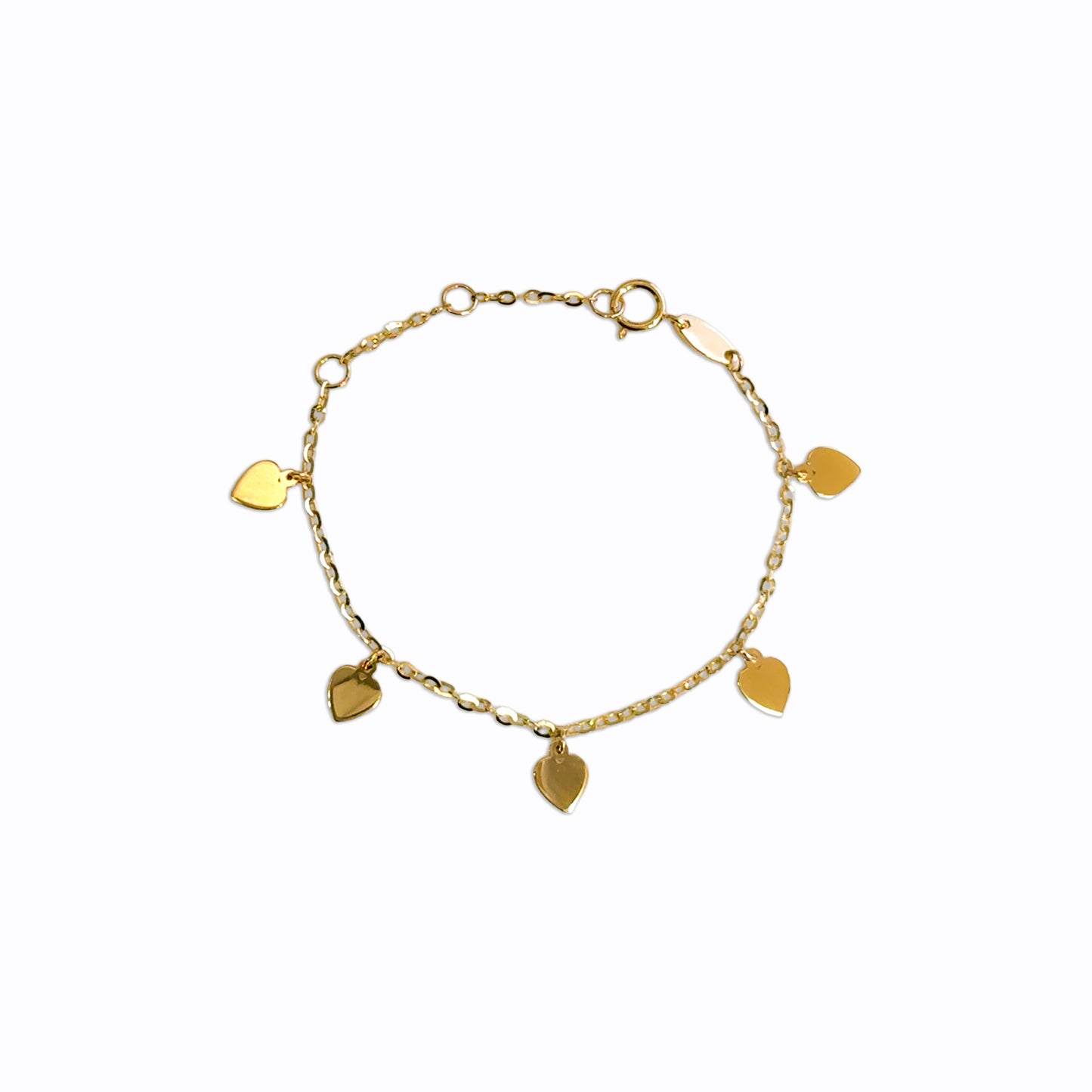 Gold bracelet with heart-shaped charms on a white background