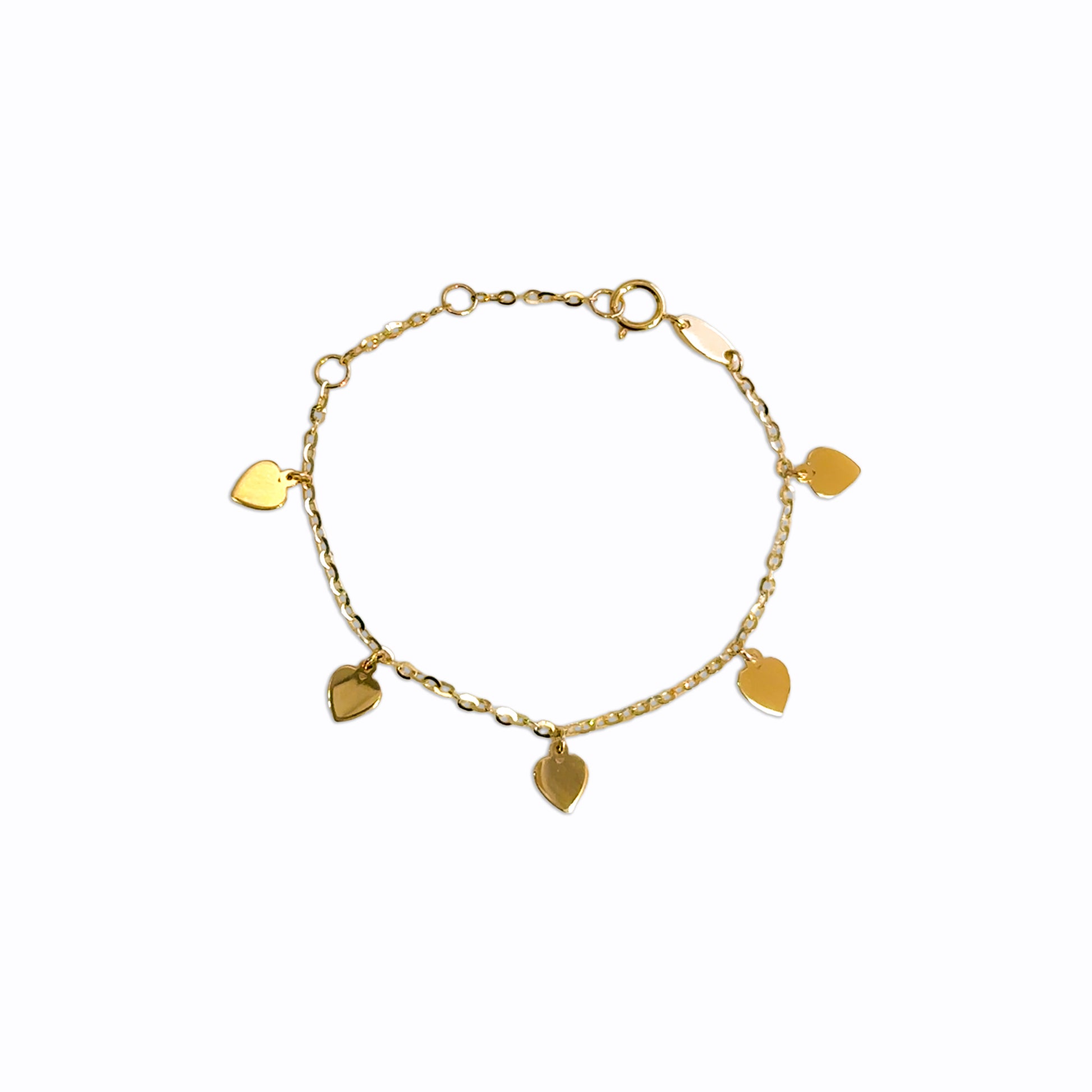 Gold bracelet with heart-shaped charms on a white background