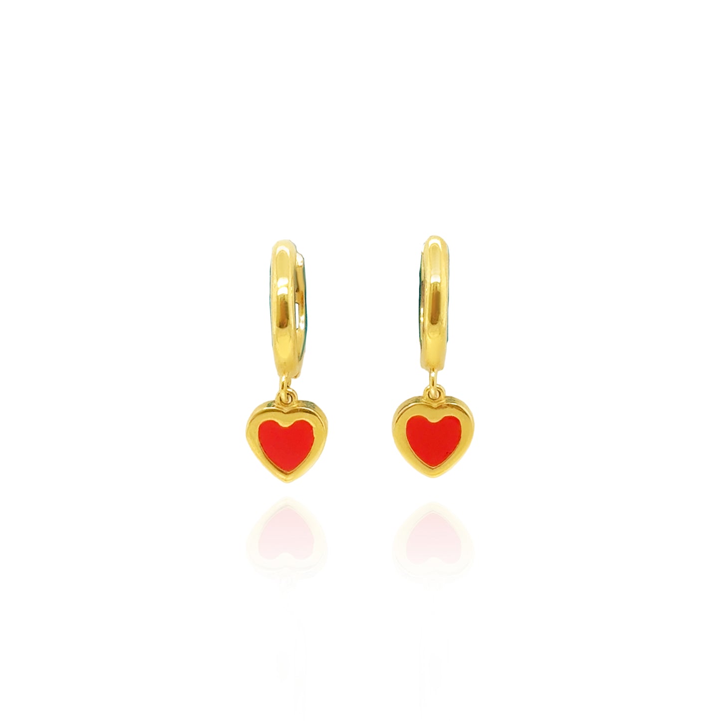 Girl’s 14K gold red coral heart dangle earrings with mini huggie hoops