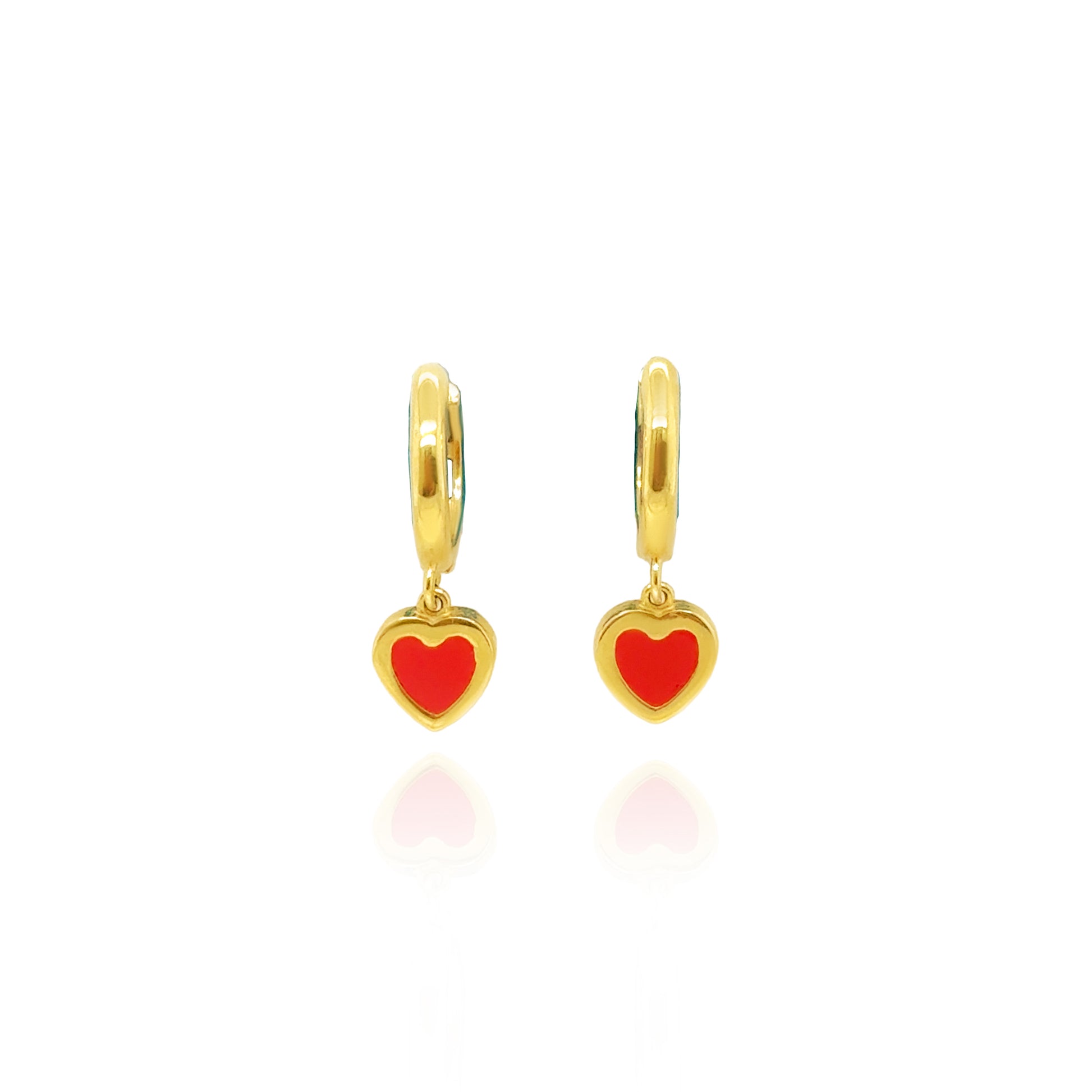 Girl’s 14K gold red coral heart dangle earrings with mini huggie hoops