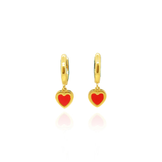 Girl’s 14K gold red coral heart dangle earrings with mini huggie hoops