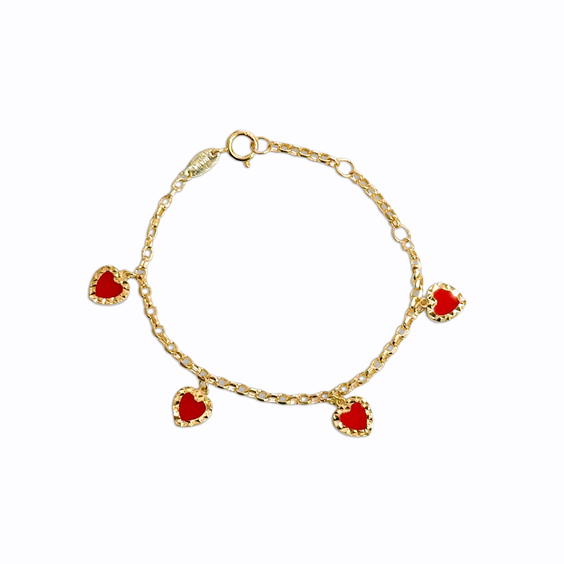 Gold bracelet with red heart charms on a white background