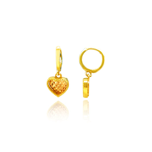 14K two tone gold huggie earrings with diamond cut rose gold heart drop charms.