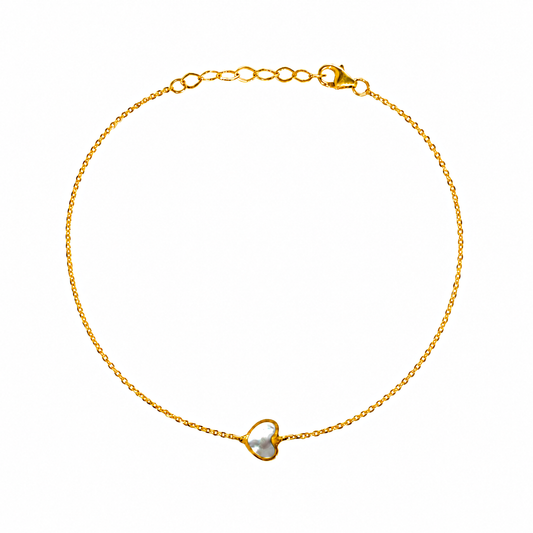 14k gold mother of pearl heart bracelet for girls and teens on an adjustable yellow gold chain