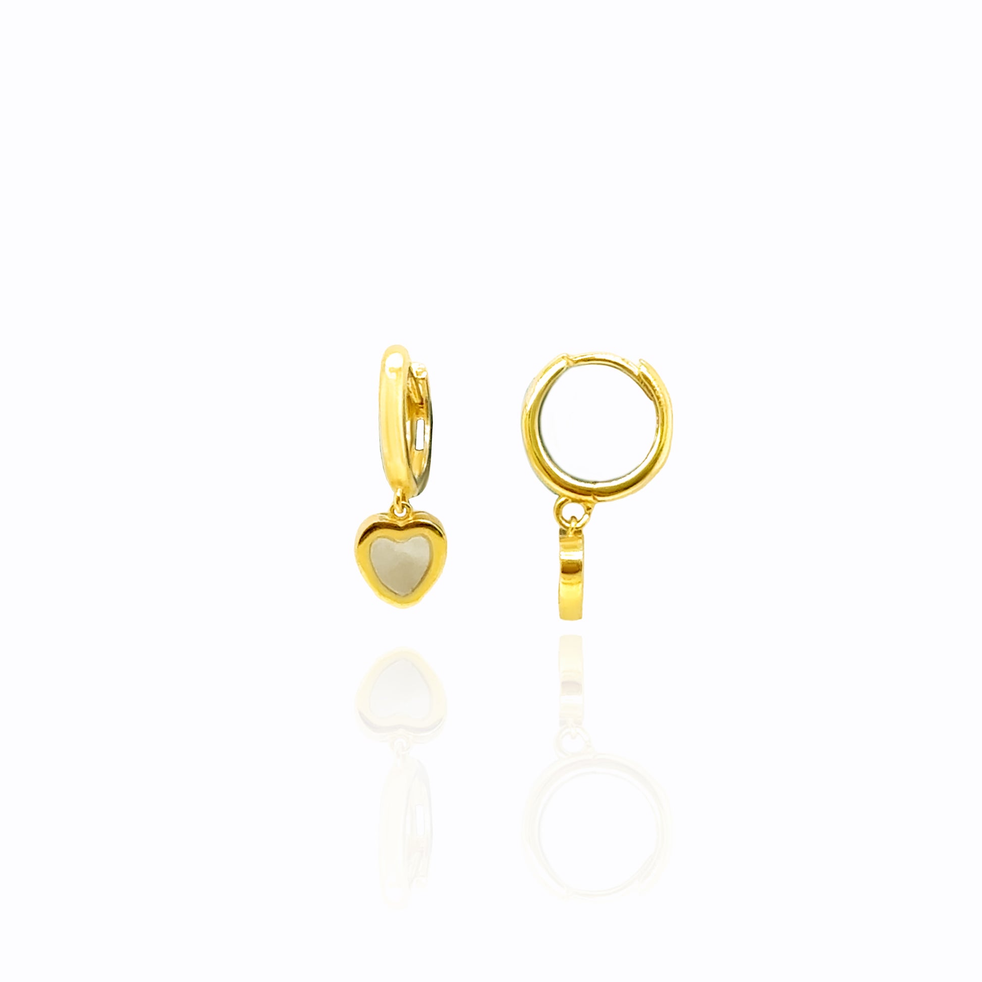 Girl’s 14K gold mother of pearl heart dangle earrings with mini huggie hoops