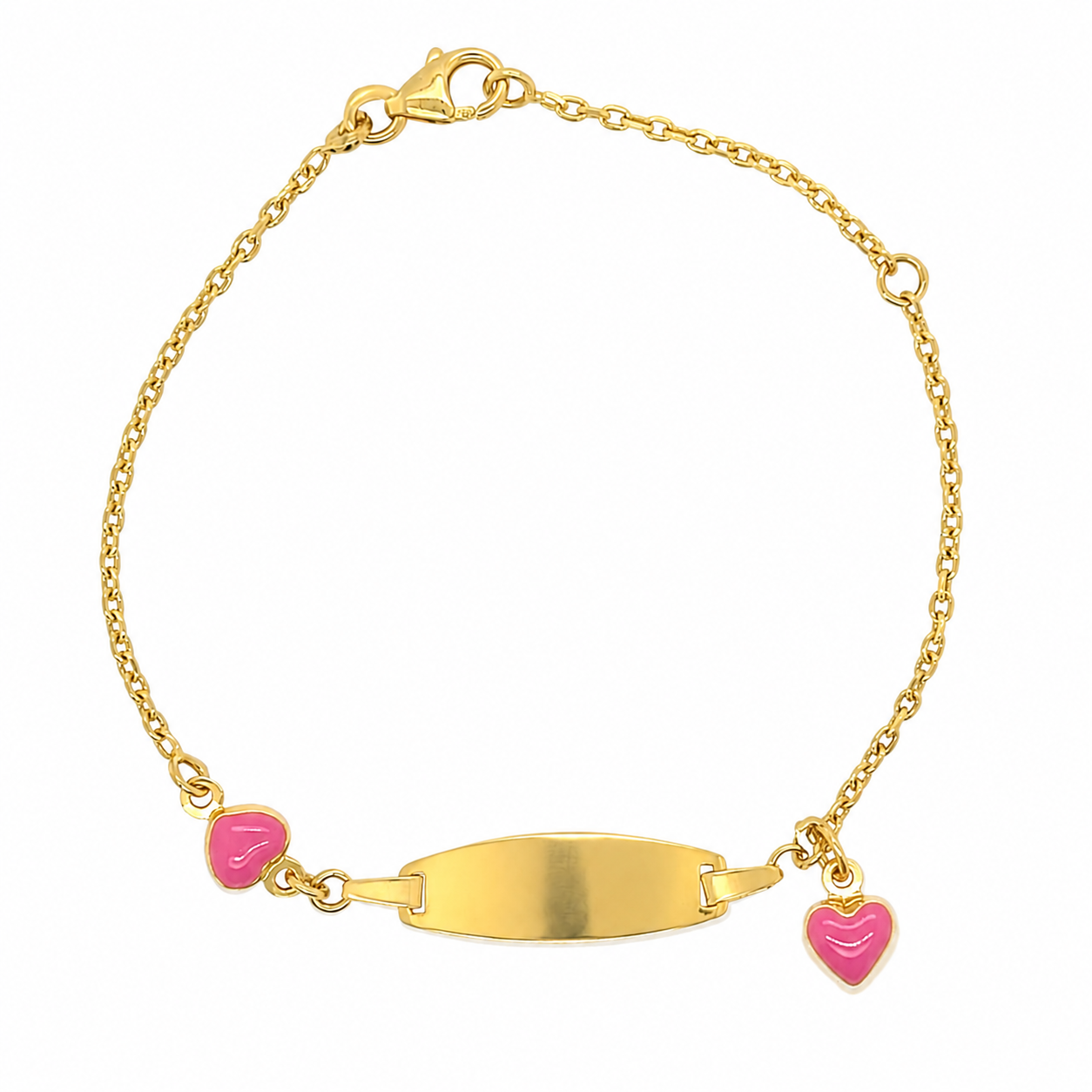 A gold chain ID bracelet with a central oval plate and two small pink heart charms, shown on a plain white background.