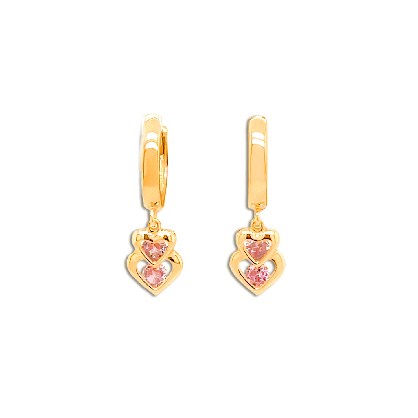 14k Gold Double Hanging Pink Heart Earrings