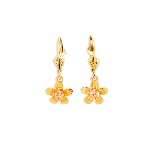 14k Gold Pink Flower Leverback Earrings