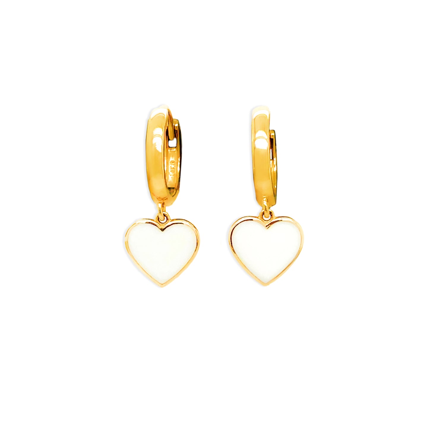 14k Gold White Enamel Hanging Hearts