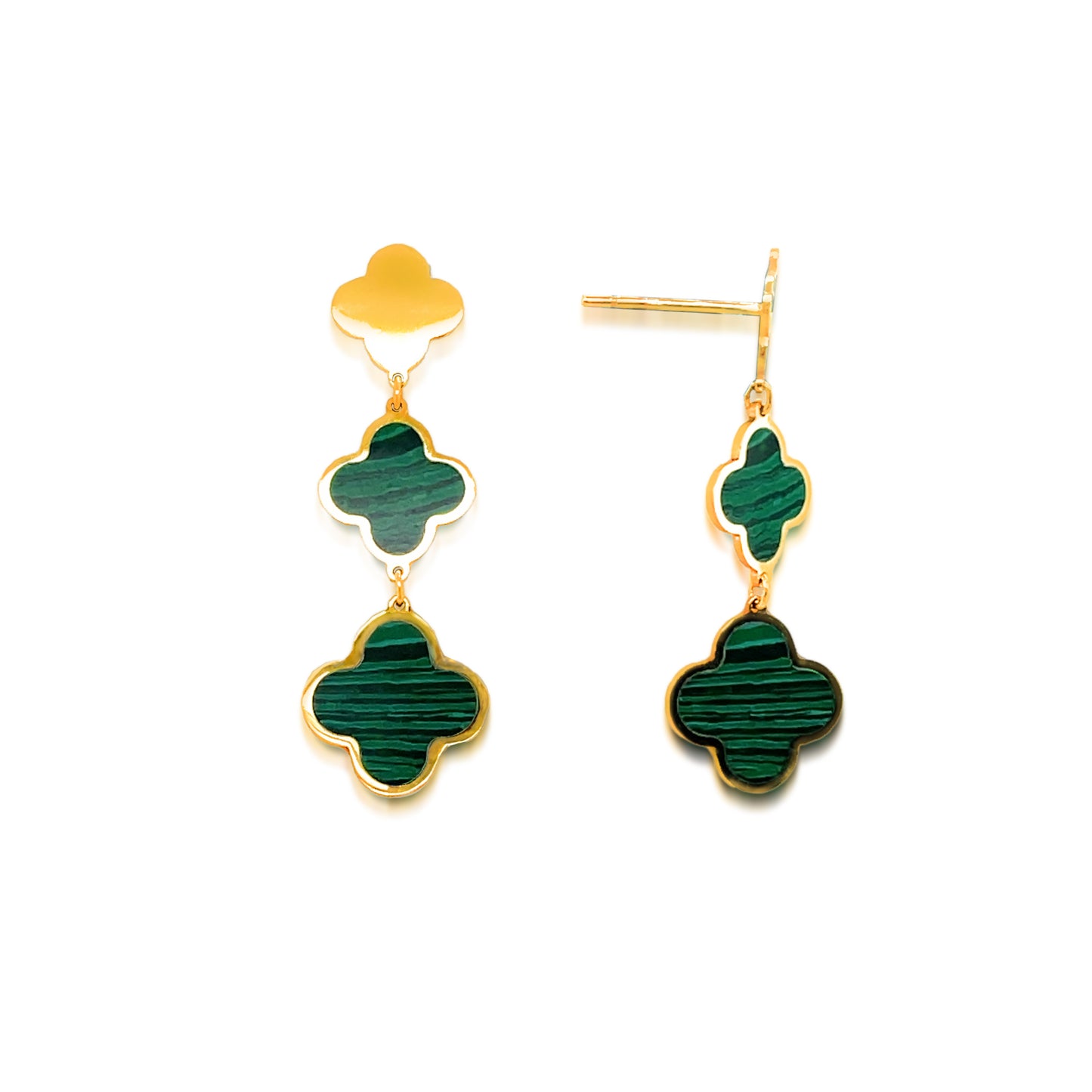 14k Malachite Hanging Clover Earrings