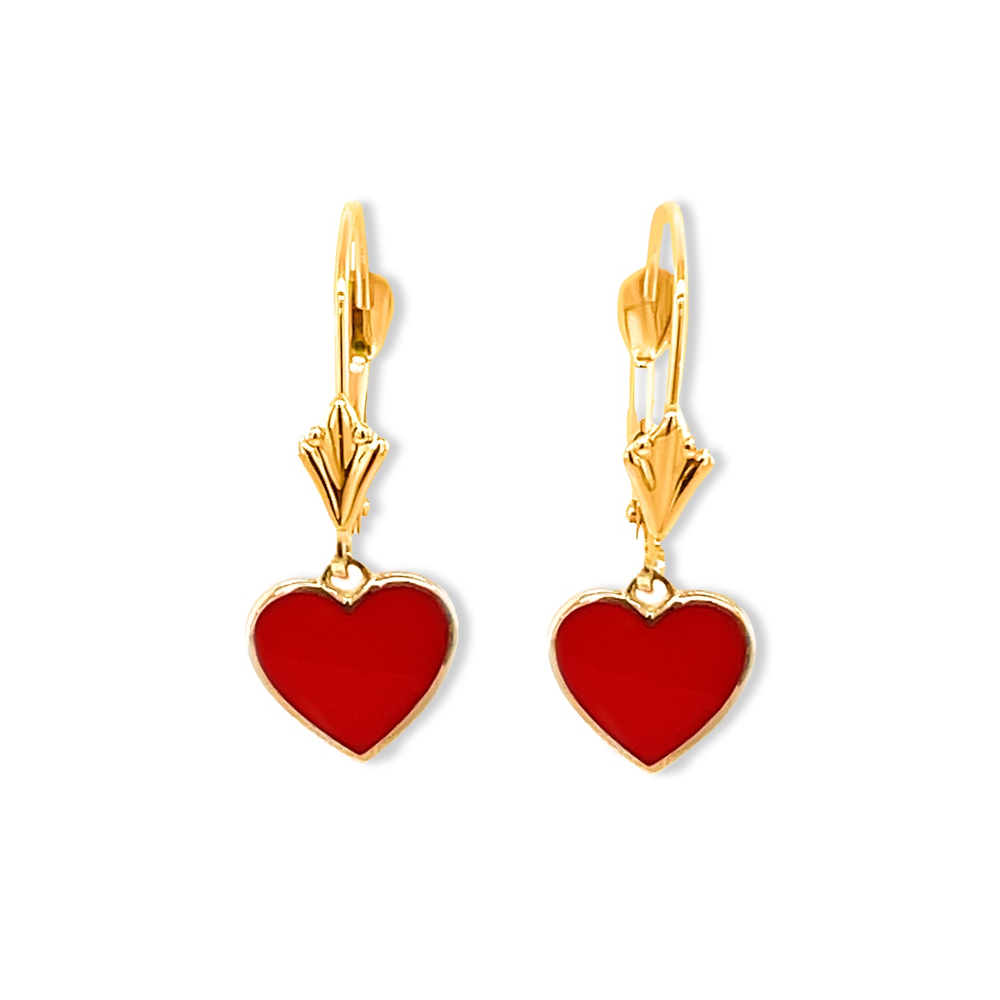 14K Leverback Red Dangling Heart Earrings