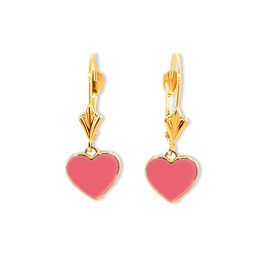 14K Leverback Pink Dangling Heart Earrings