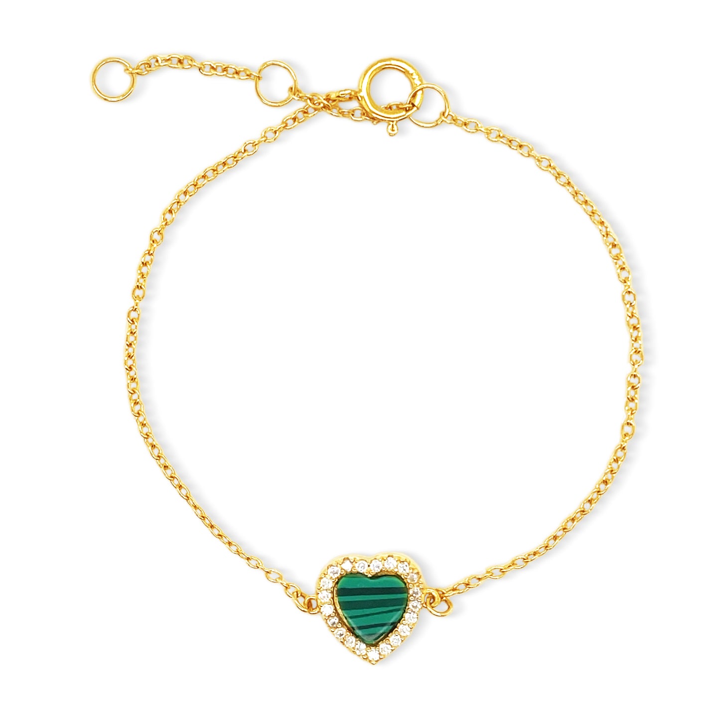 Malachite Small Heart Diamond Bracelet 14k Gold Plated