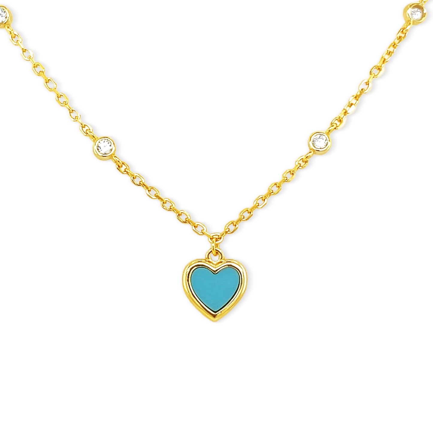 Turquoise Heart Charm Kids Necklace 14k Gold Plated