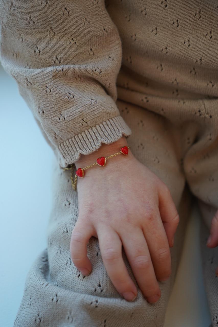 14k Red Enamel Puffed 3 Hearts Bracelet