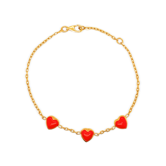 14k Red Enamel Puffed 3 Hearts Bracelet