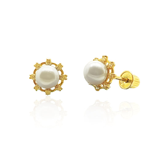 14k Pearl Halo Flower Screw-Back Earrings