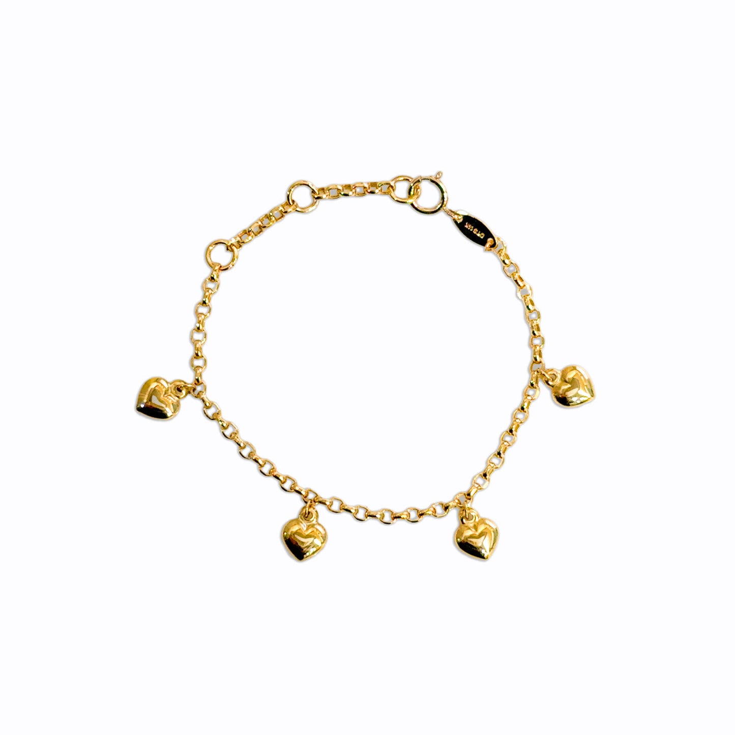 14K Solid Gold Puffy Hanging Heart Charm Bracelet for Babies & Kids – 4 Heart Charms