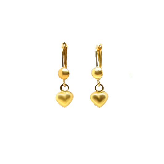 14K Solid Yellow Gold Puffy Heart Dangle Earrings for Girls & Teens – Leverback Earrings