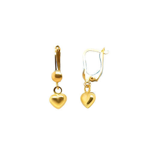 14K Solid Yellow Gold Puffy Heart Dangle Earrings for Girls & Teens – Leverback Earrings