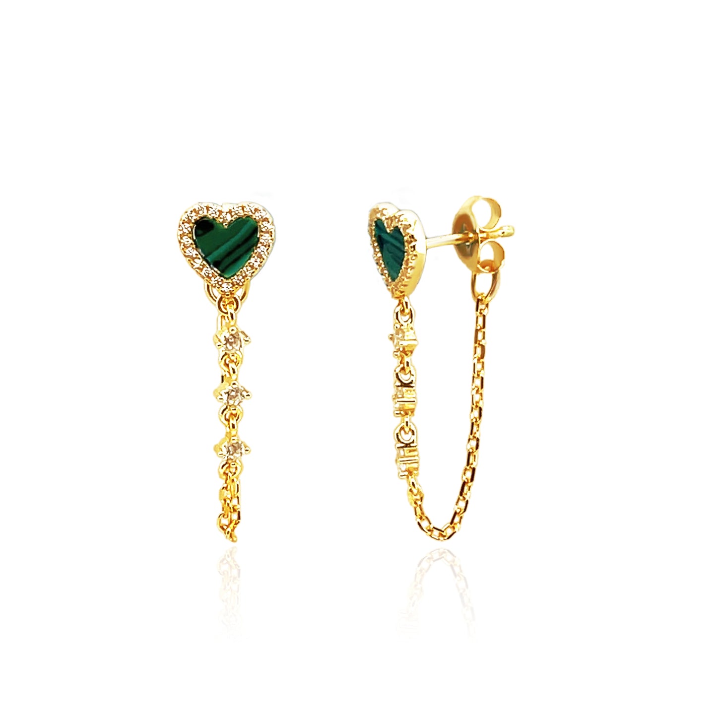 Malachite Heart Dangle Chain Drop Earrings 14k Gold Plated