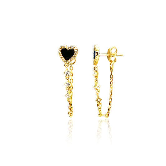 Onyx Heart Dangle Chain Drop Earrings 14k Gold Plated