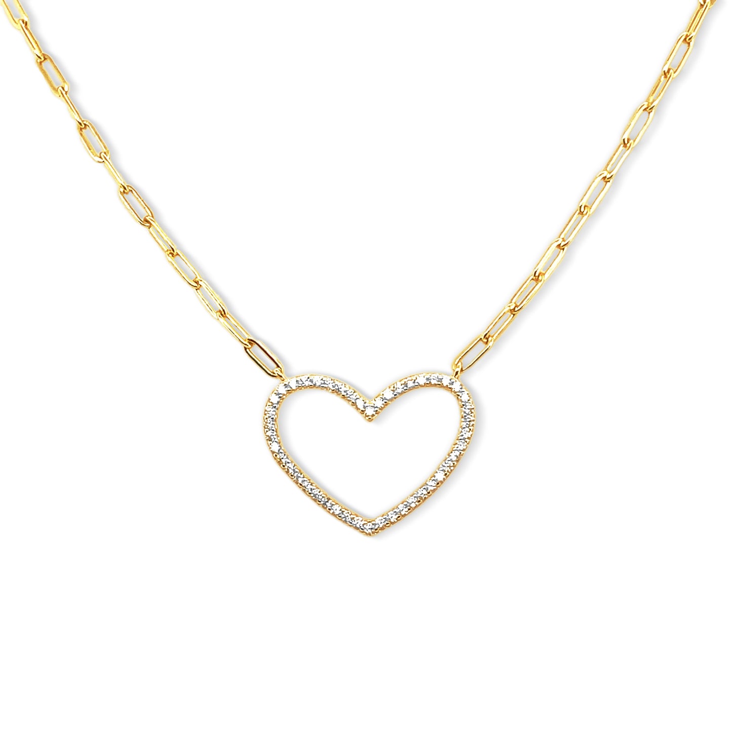 Paperclip Diamond Open Heart Necklace 14k Gold Plated