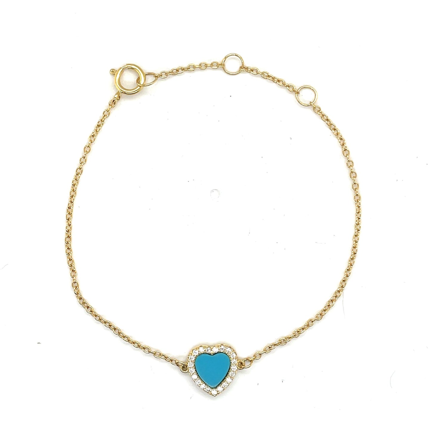 Turquoise Small Heart Diamond Bracelet 14k Gold Plated