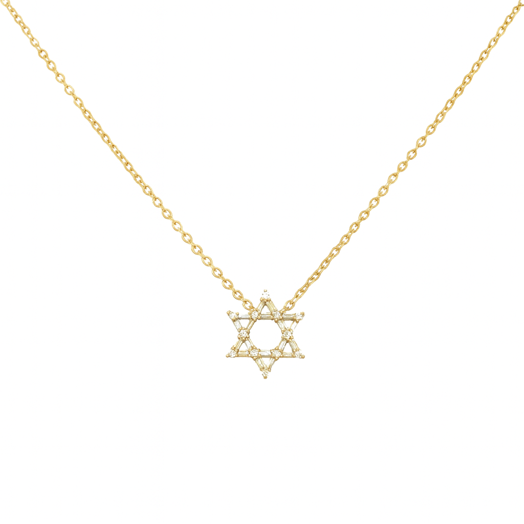 14k Gold Plated Magen David Necklace with Baguette- Cut Cubic Zirconia