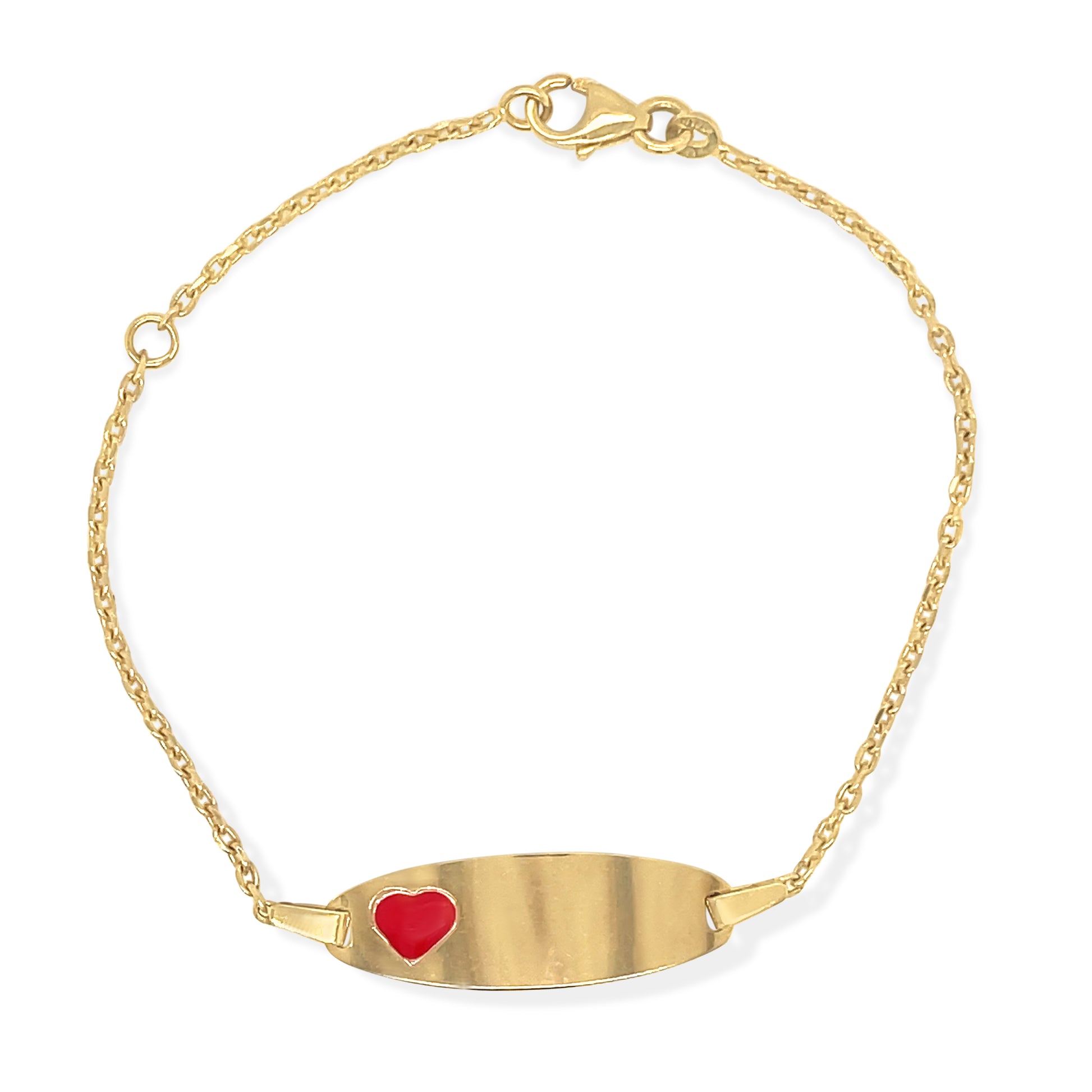 14k gold red heart enamel ID bracelet personalized for babies and kids with engravable name bar
