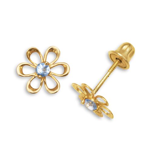 Close up 14K gold flower baby earrings with simulated gemstones screw back post