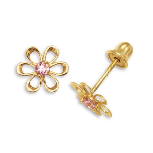 A pair of 14k gold dainty flower screw-back earrings with a clear and pink simulated gemstone.