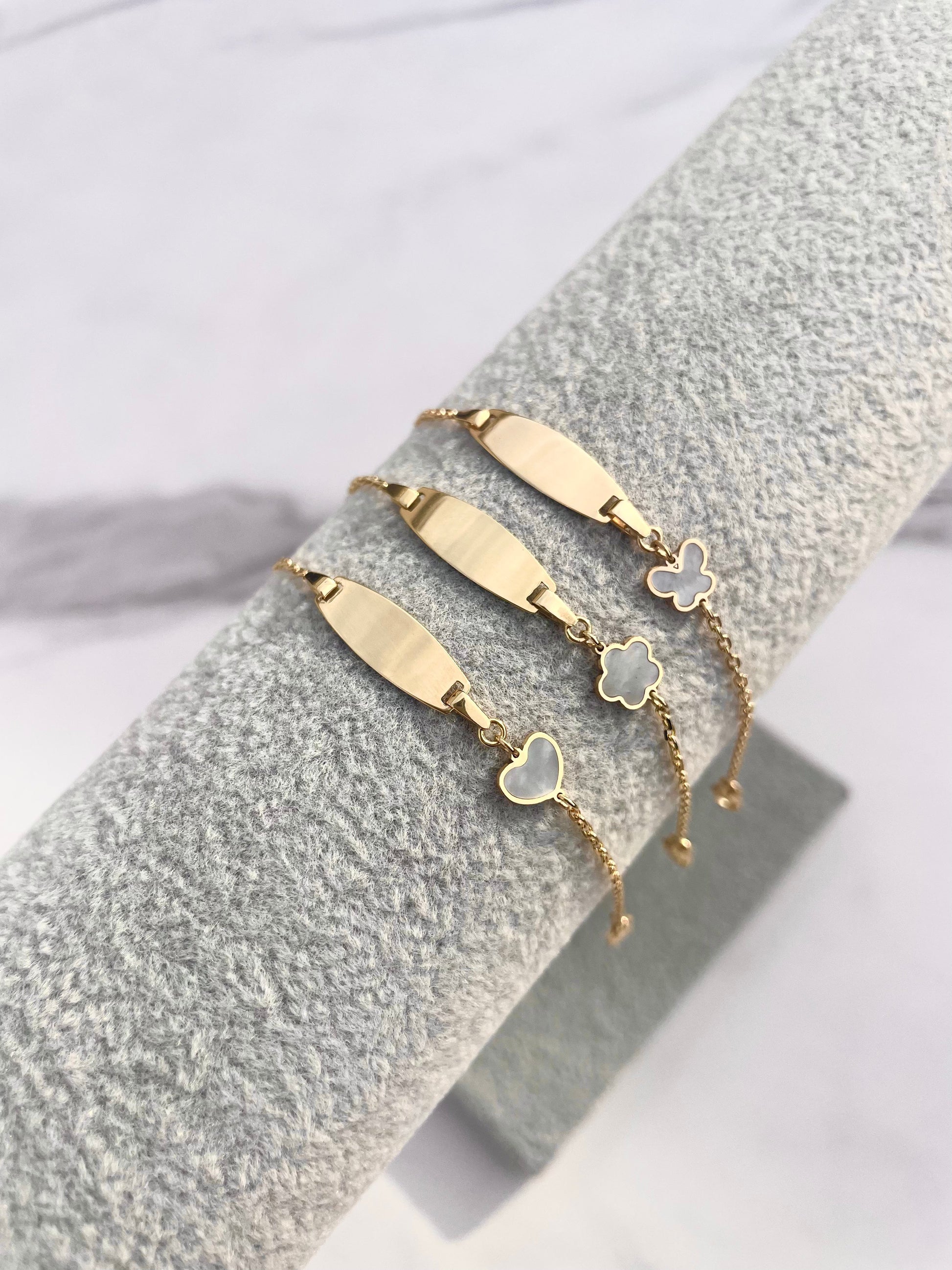 kids personalized gold id bracelet mother of pearl