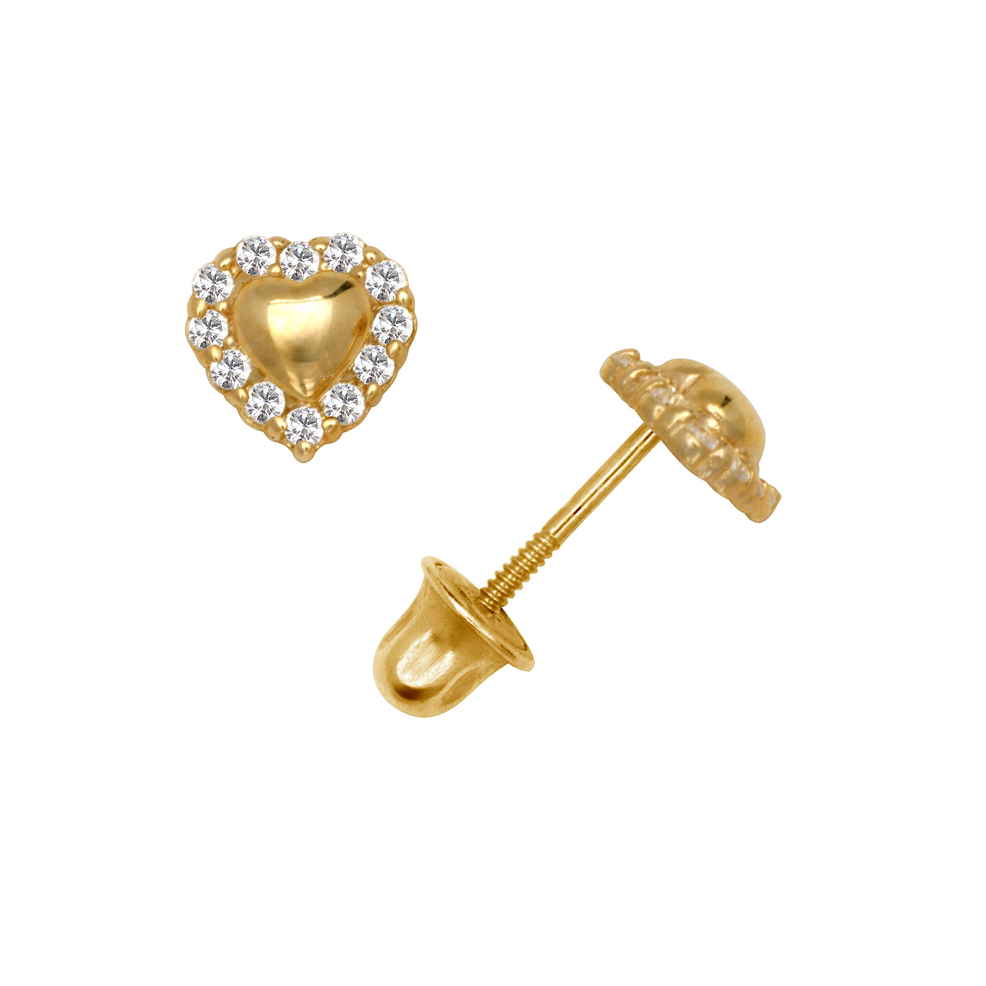 14K gold puffed heart CZ screw back earrings for babies and kids white background