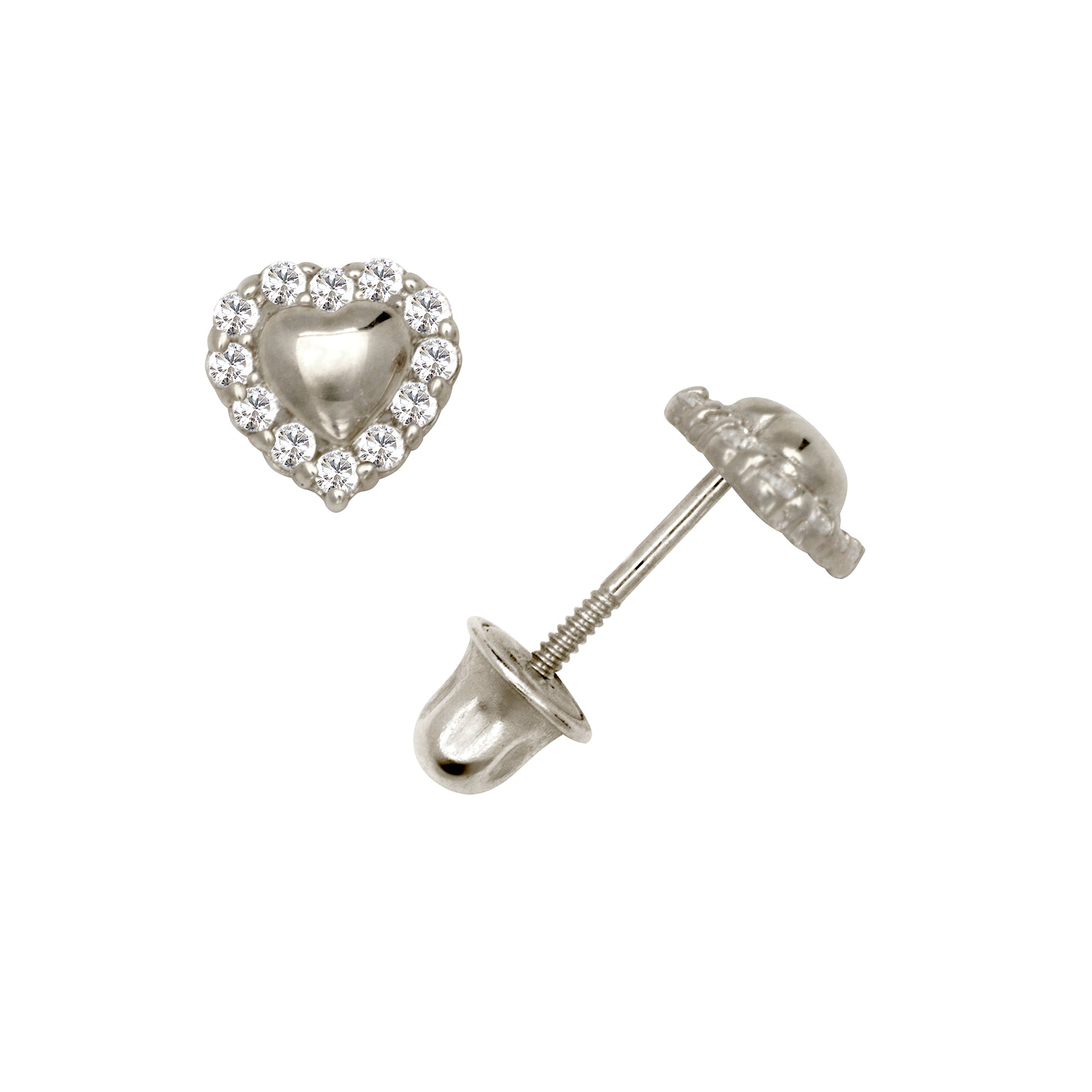 Close up 14K gold heart baby earrings with cubic zirconia screw back post detail