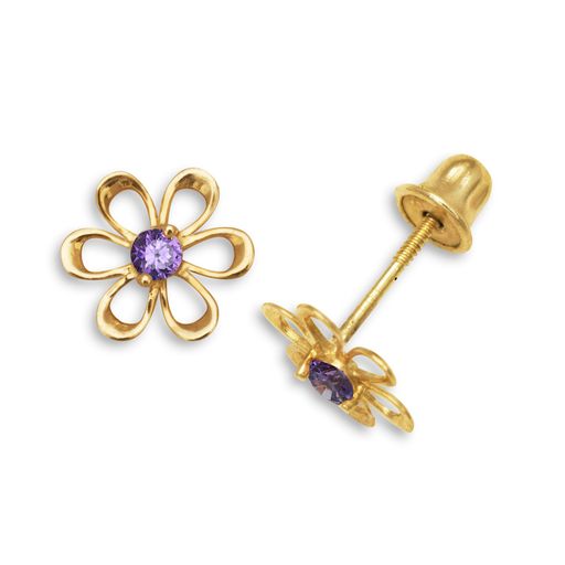 14K gold dainty flower screw back earrings for babies and kids white background
